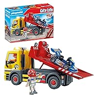 Playmobil Tow Truck Toy Playset - Towing Service - 54 Piece Bundle Includes Truck Driver and Racer Figures Along with Truck and Go Kart - Working Truck Ramp with Flashing Lights and Retractable Winch