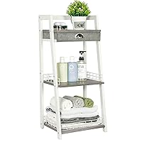 keomaisyto 3-Tier Bathroom Ladder Shelf, Floor Storage Shelf with Drawer, Freestanding Open Tower Shelving Unit for Bathroom Living Room Balcony（White）
