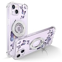 GVIEWIN Bundle - Compatible with iPhone 14 Floral Case (Alluring Butterfly/Purple) + Magnetic Phone Ring Holder (Silver)