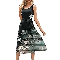 Summer Dresses for Women 2024 Beach Loose Round Neck Sleeveless Midi A-Line Swing Dress Sundresses with Pockets