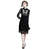 Womens Elegant Retro Lace Floral Embroidered Cocktail Party A-Line Midi Dress