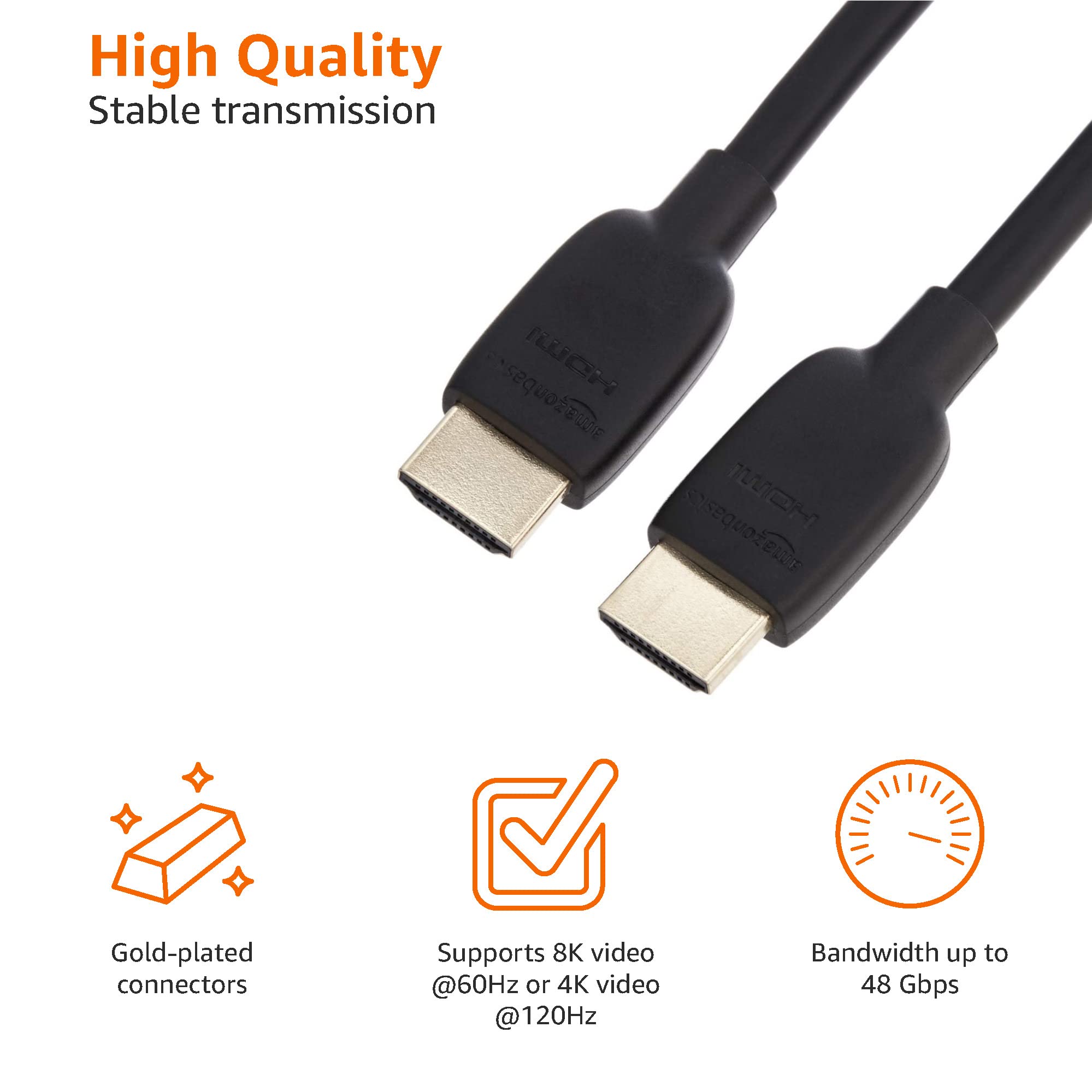 Amazon Basics HDMI Cable, 48Gbps High-Speed, 8K@60Hz, 4K@120Hz, Gold-Plated Plugs, Ethernet Ready, 3 Foot, Black