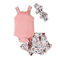 Infant Baby Girl Clothes Cute Summer Outfit Shorts Set Solid Ribbed Ruffle Top Romper Floral Skirt Shorts Headband