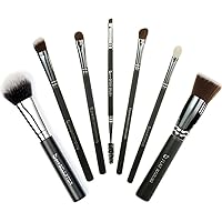 Basic Travel 7pc Makeup Brush Set - Beauty Junkees Professional Make Up Brushes for Full Face Foundation, Contour, Highlighter, Eyeshadow, Blending, Eyebrows, Black Labeled, Affordable