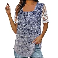 Womens Square Neck Shirts Lace Sleeve Tunic Tops Loose Comfy Blouses Sexy Casual Trendy Tunics Resort Tee Shirt