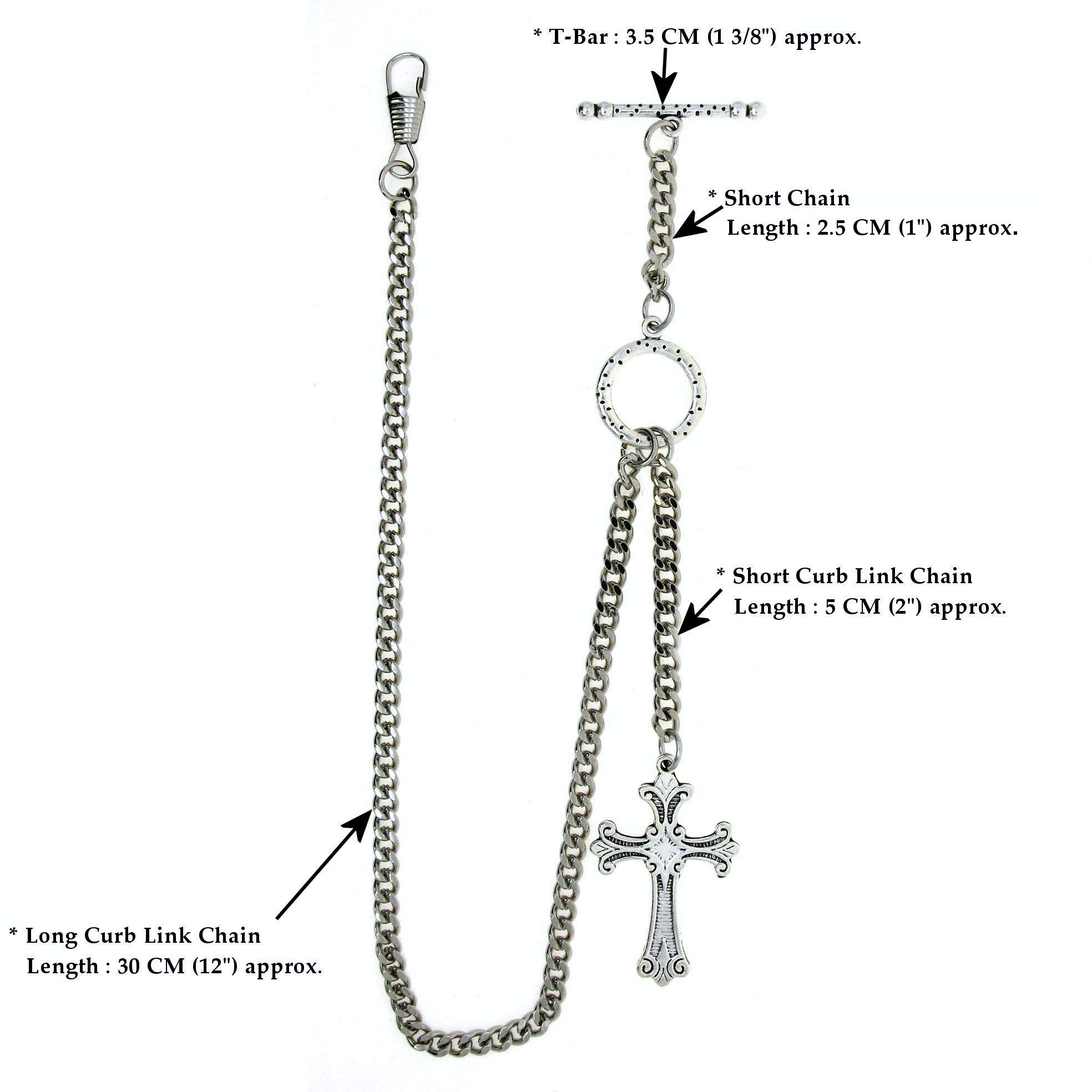 Albert Chain Silver Color Pocket Watch Chains for Men - 2 Ways Usage on Vests & Trousers or Jeans with Religious Cross Design Fob T Bar ACT114