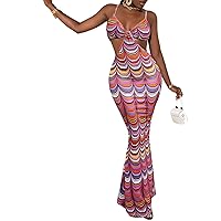 WDIRARA Women's Graphic Print Cut Out Waist Spaghetti Strap Sleeveless Cami Maxi Dress