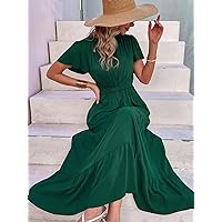 Fall Dresses for Women 2023 Butterfly Sleeve Ruffle Hem Dress Dresses for Women (Color : Dark Green, Size : Medium)