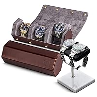Genuine Leather Watch (Brown/Grey) and Watch Stand (White/Silver/Black)
