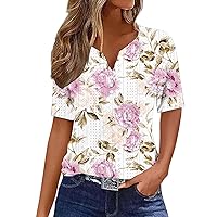 Workout Tops for Women Short Sleeve V Neck 2024 Summer Casual T Shirt Tee Fashion Floral Print Button Blouses Basic Pullover