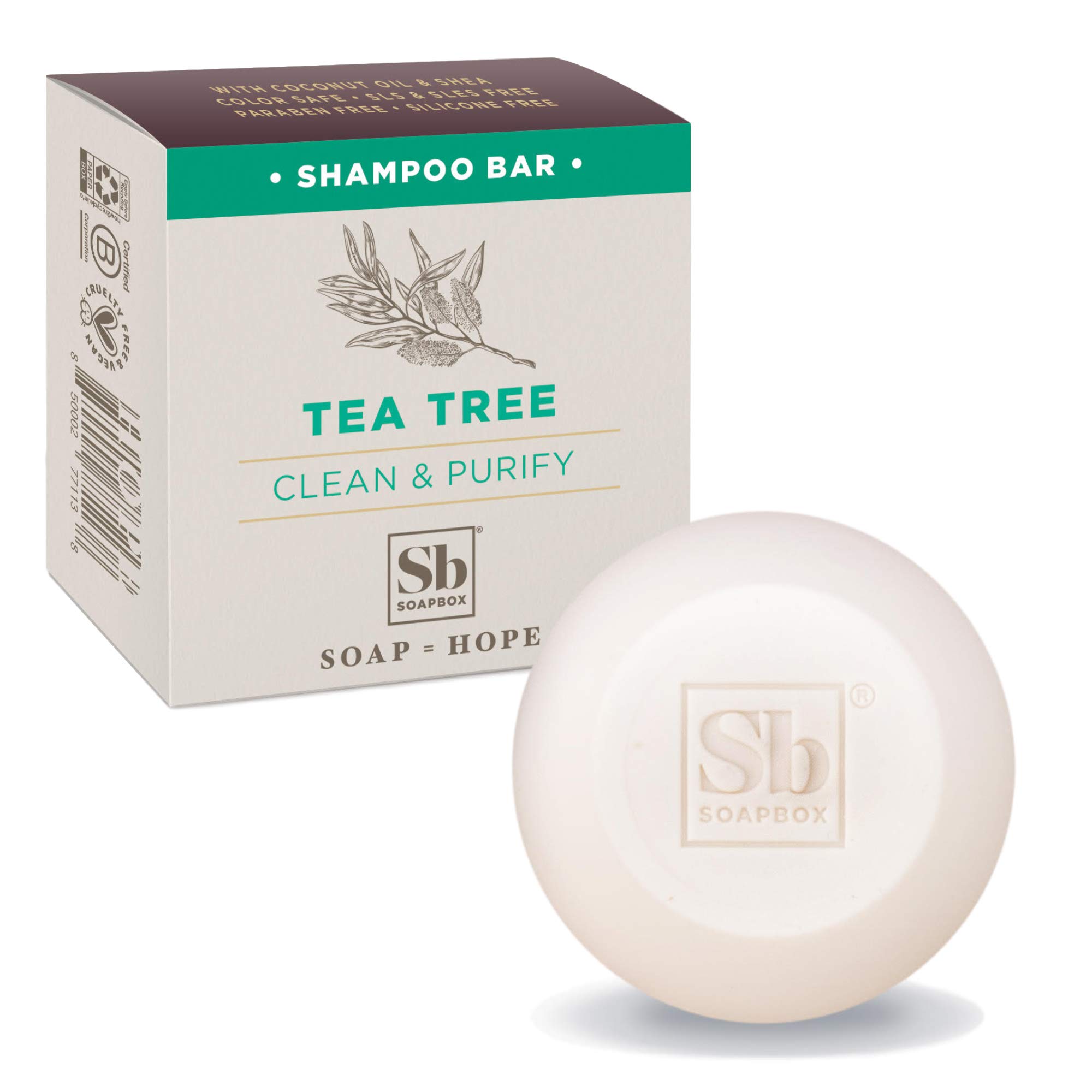 Soapbox Tea Tree Shampoo Bar, Natural, Eco Friendly Bar Shampoo for Dry Scalp | Color Safe, Sulfate Free, Paraben Free, Silicone Free, Cruelty Free, and Vegan Shampoo, 3.1oz (Pack of 1)