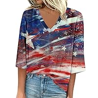 Womens 3/4 Sleeve Independence Day Printed Tops Casual 2024 Summer T Shirt V-Neck Blouse Casual Loose Comfy Shirts