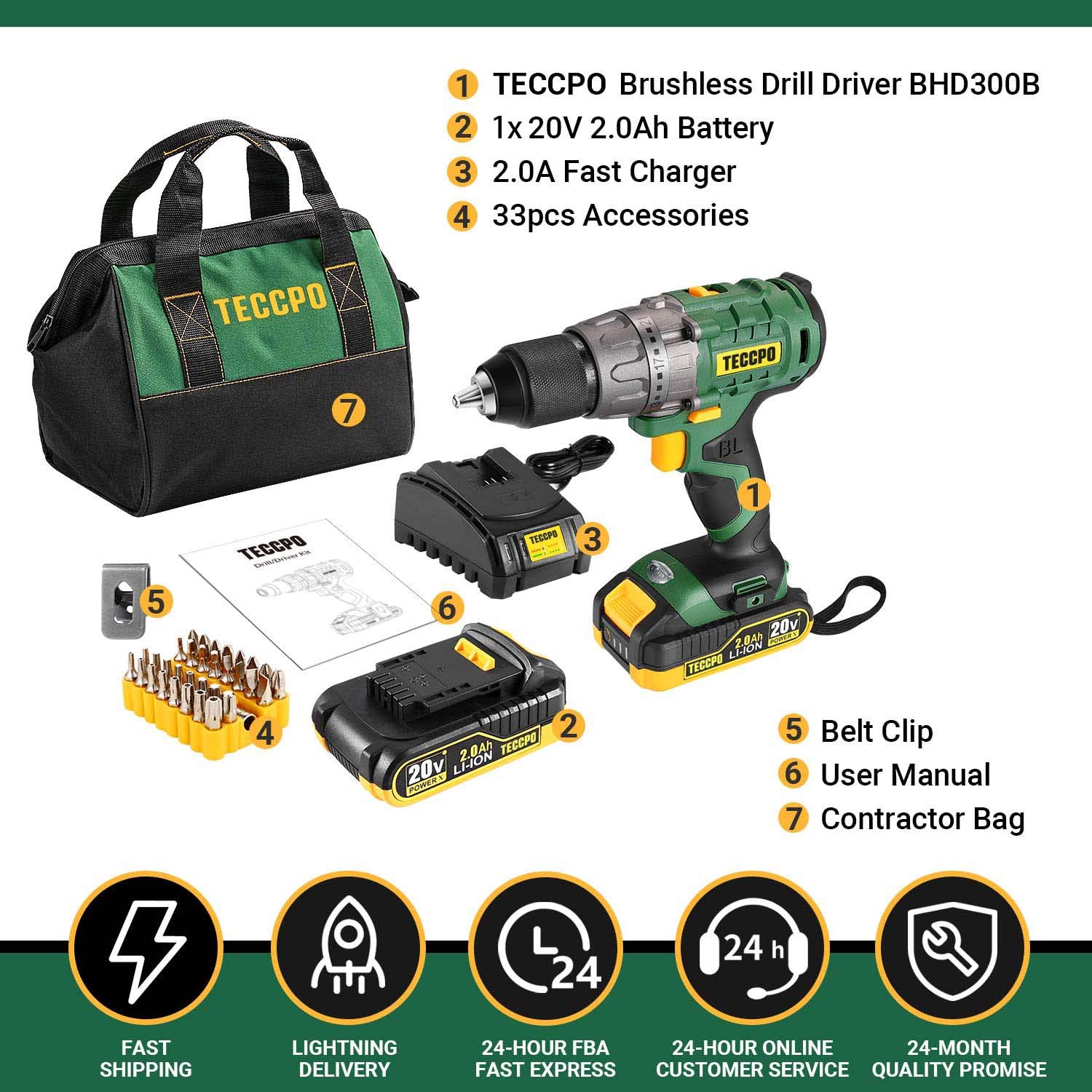 TECCPO Cordless Drill Set, 20V Brushless Drill Driver Kit, One 2.0Ah Rechargeable Battery, 530 In-lbs Torque, 1/2” Keyless Chuck, 2-Variable Speed, Fast Charger, 33pcs Bits Accessories with Case