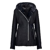 Infinity Leather Women's Elegant Black Snowtip Hooded Suede Merino Shearling Sheepskin Coat