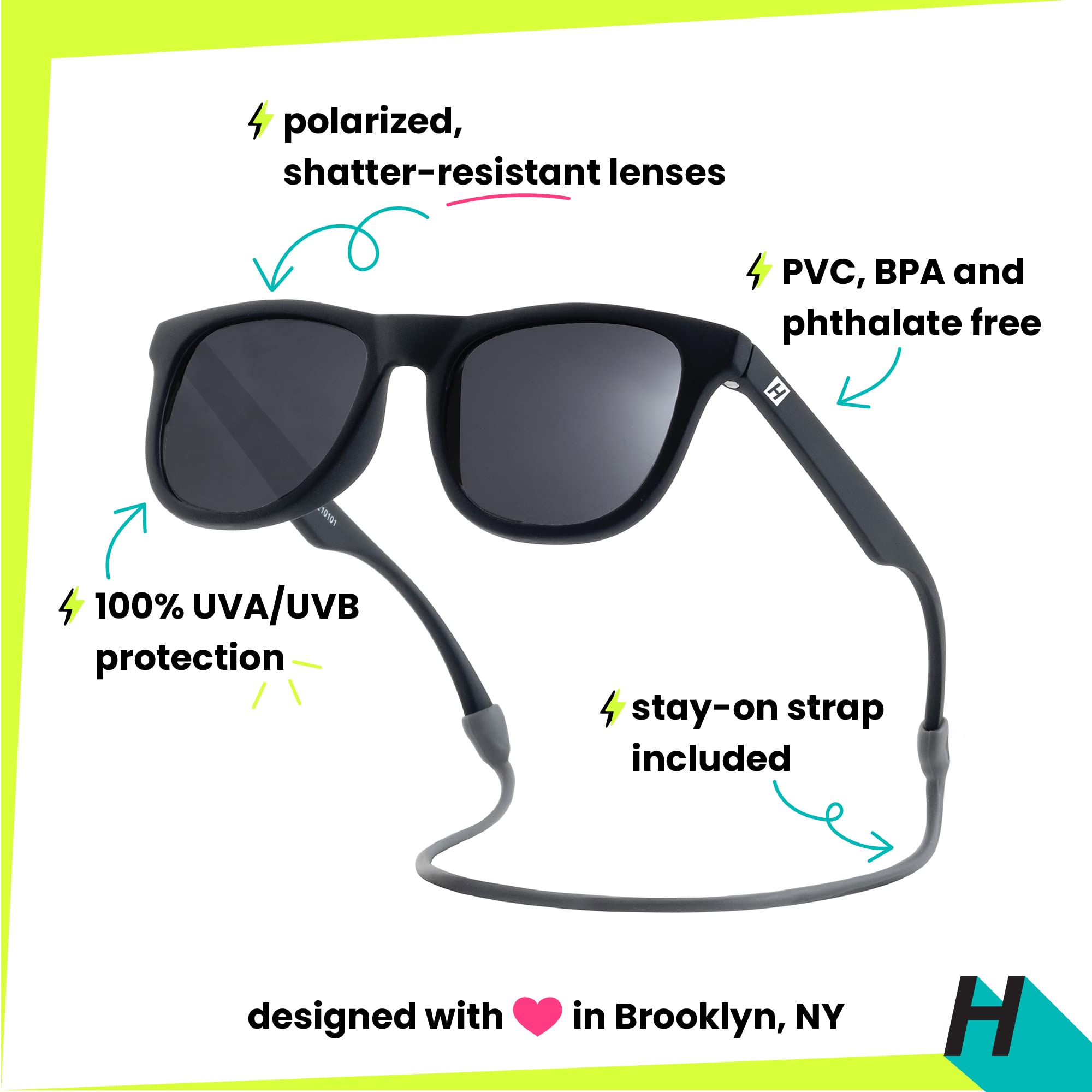 Hipsterkid Polarized Baby Sunglasses with Strap for Toddlers, Girls, Boys, Warranty Protected, BPA Free, Wayfarers - Ages 0-2
