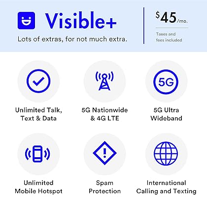 Visible+ One Month Prepaid Service & SIM Card | Unlimited 5G Ultra Wideband Data Plan with International Calling