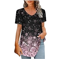 YZHM Women's T Shirts Loose Fit V Neck Summer Casual Tops Printed Short Sleeve Tunic Tops Fashion Ladies Blouses Graphic Tees