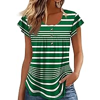 Womens Tops Dressy Casual Long Sleeve Shirts for Women Plus Size Blouses for Curvy Women Plus Size Short Sleeve Tops Loose Tunic Printed Button Round Neck T-Shirts Dark Green 3X-Large