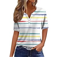 Summer Tops for Women 2024 T Shirt Tee Print Button Short Sleeve Daily Weekend Fashion Basic V- Neck Regular Top