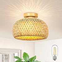 TOBUSA Rattan Ceiling Light Fixture, Boho Semi Flush Mount Ceiling Light with 2700K LED Bulb, Hand-Woven Bamboo Lampshade, Farmhouse Wicker Flush Mount Light Fixture for Bedroom Living Room Nursery