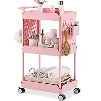 TOOLF 3 Tier Rolling Storage Cart, Utility Cart with Wheels with Pegboard Hanging Bins & Hooks, Pink Rolling Organizer Craft Cart, Storage Cart for Baby Nursery Dorm Kitchen Bathroom