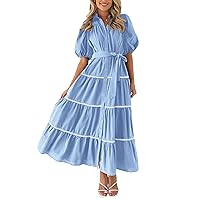 Women's Summer Button Down Shirt Dress Short Puffy Sleeve Tiered Ruffle Flowy Long Maxi Dresses