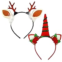 Needzo Christmas Headband Accessory Pack, Reindeer Antlers and Unicorn Horn for Festive Holiday Party