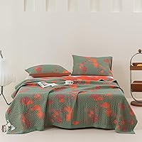 100% Cotton Muslin Blanket Jacquard Green Orange Floral Ginkgo Leaves Quilt, Soft Bed Cover Lightweight Breathable Gauzy Reversible Bedspread Coverlet King(98