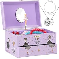 Jewelry Box for Girls Music Box Girls & Unicorn Necklace and Bracelet Jewelry Boxes with Spinning Ballerina & Drawer Musical Jewelry Boxes for girls Birthday Gift Swan Lake Tune,Purple