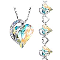 Leafael Infinity Love Heart Necklace and Bracelet for Women, April Birthstone Crystal Jewelry, Silver Tone Bundle Gifts for Women, Rainbow Opal White