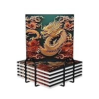 Coaster for Drink Ceramics Coaster Set of 6 Heat Resistant Drink Coasters with Holder Dragon Chinese Background Coffee Cup Mat Tabletop Protection Cup Pad Round Coasters for Kitchen