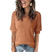 Dokotoo Women's Casual Short Sleeve Loose Crochet Tunic Tops Lightweight Knit Pullover Sweater Blouses