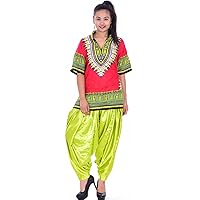 Indian Women Cotton Top Tunic with Satin Silk Patiyala Slawar Set Parrot Green Color