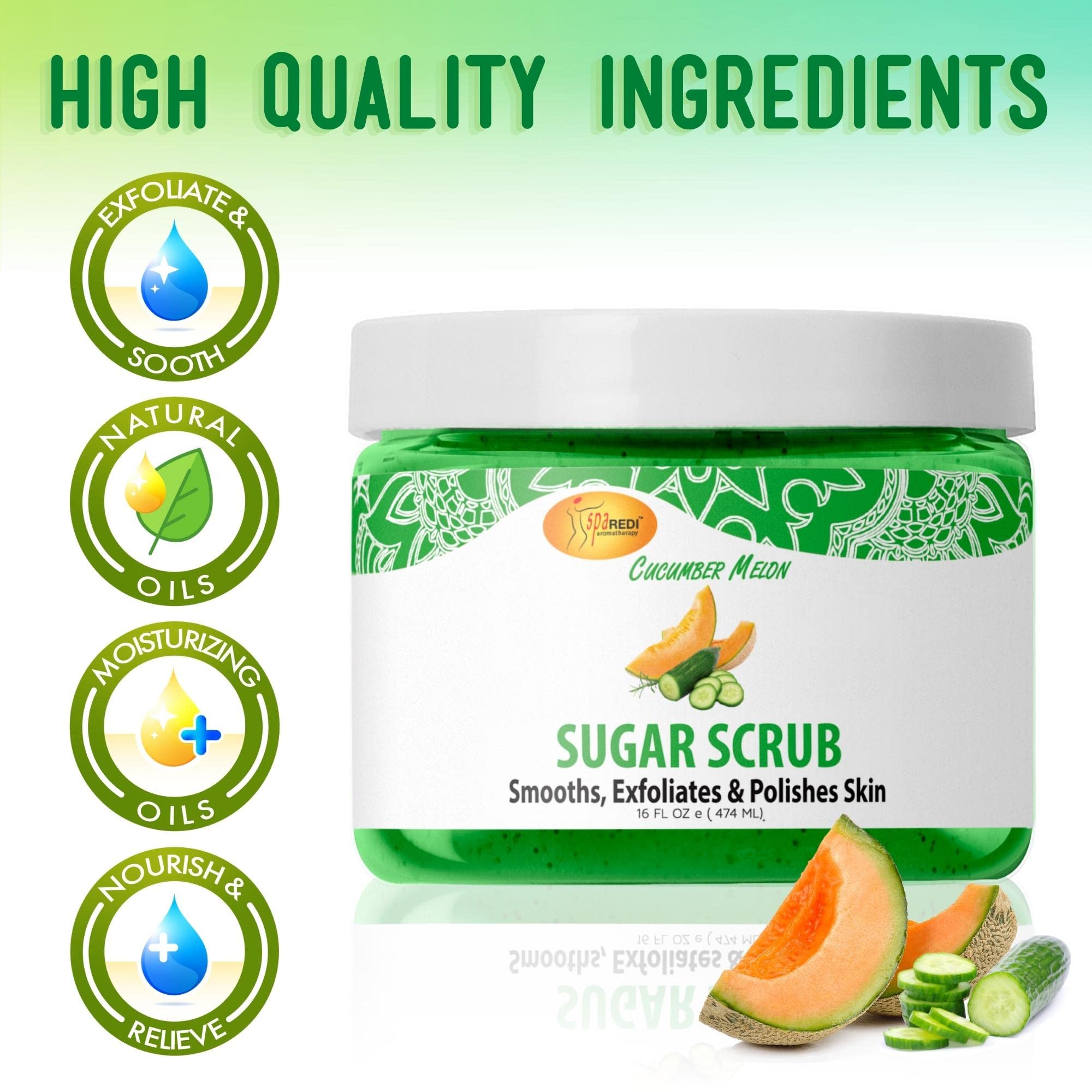 SPA REDI – Sugar Body Scrub, Cucumber Melon, 16 Oz, Exfoliating, Moisturizing, Hydrating and Nourishing, Glow, Polish, Smooth and Fresh Skin - Body Exfoliator