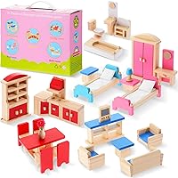 Dollhouse Furniture Wooden Dollhouse Furniture Set Doll House Accessories and Colorful Playhouse Furniture Miniature Dollhouse Bathroom Living Room Dining Room Bedroom Kitchen, 5 Rooms