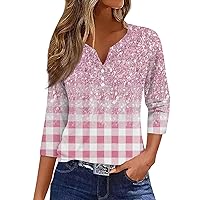 Women's Tops 3/4 Sleeve Henley Neck Cute Printed Shirts 2024 Casual Trendy Button Down T Shirt Tunic Tee Blouses