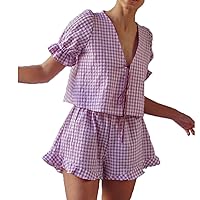 Women Puff Sleeve Tie Front Tops Blouse and Shorts Gingham 2 Piece Outfits Sets Babydoll Blouse Shorts Pj Lounge Set