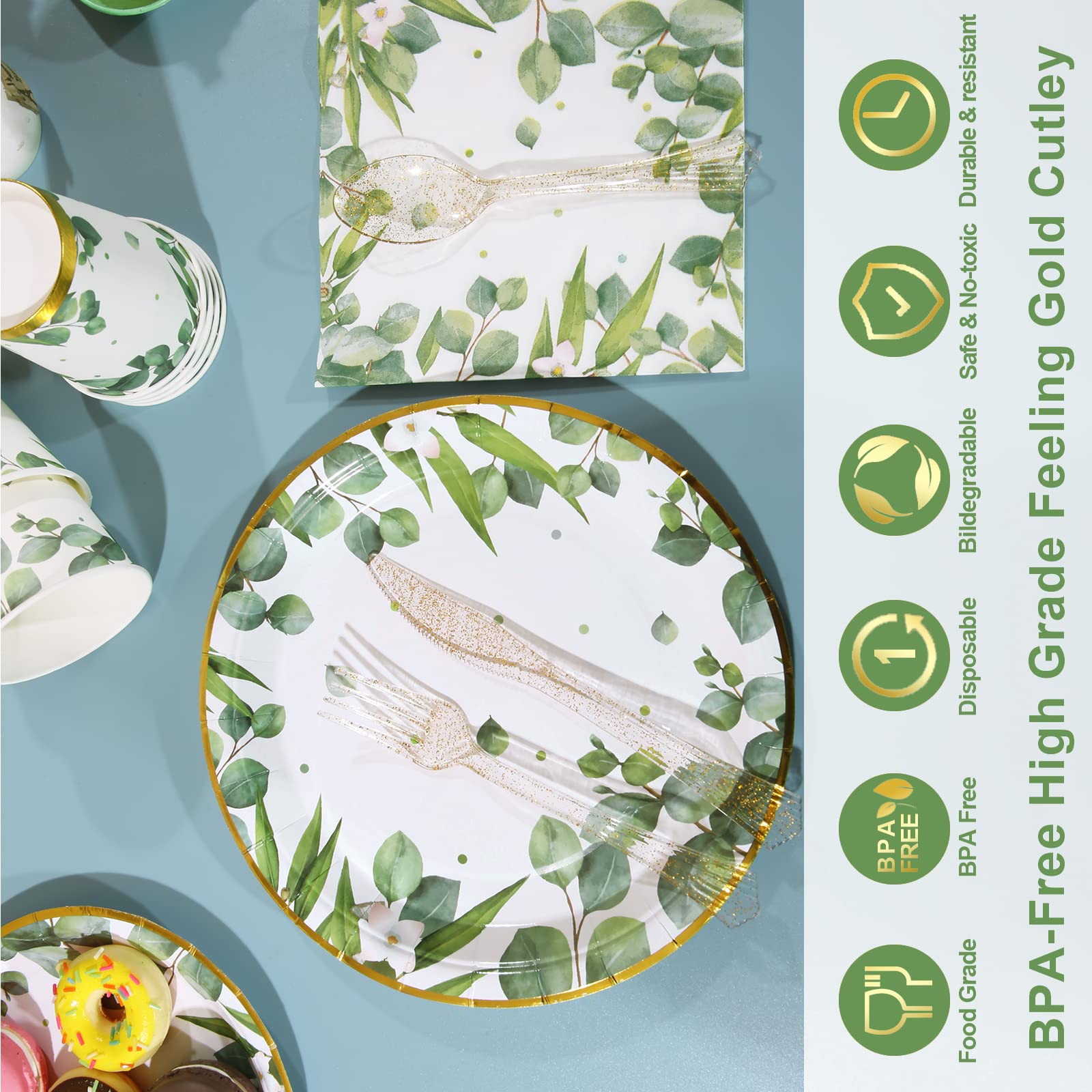 SAINLEEN Baby Shower Decorations Greenery Paper Plates & Napkins Party Supplies for 24 Guest, Sage Green Supplies-Disposable Plate,Cups, Cutlery Wedding Bridal Birthday