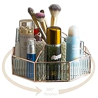 360 Rotating Makeup Organizer, Glass Makeup Brush Holder - 5 Slot Gold Tray for Vanity Decor Bathroom Countertops Cosmetic Desk Storage