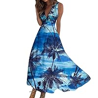 Women's V-Neck High Waist Sleeveless Printed Tank Top Dress Summer Beach Casual Maxi Pleated Flowy Dress