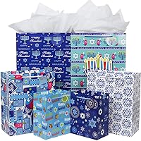 Hanukkah Gift Bag Set, 12 Pieces Premium Quality Assorted Sizes Paper Bags with Tags, 4 Extra Large, 4 Large, 4 Medium (6 Happy Hanukkah Designs)