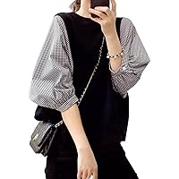 Pawinpaw Women's Blouse, Shirt, 3/4 Sleeve, Short Sleeve, Summer Clothing, Tops, Checkered Pattern, Soft, Slimming, Cute, Cute, Everyday Wear, Fashion, Women's Clothing, Stylish, Casual, Office, Work,