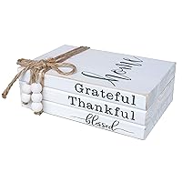 Wooden Farmhouse Decor Book Stack | Faux Book Stacks | Set of 3 Stacked Books for Coffee Tables Book Shelf Decor | Grateful Thankful Blessed Home Sign 7'x 5.5'x 2.5'