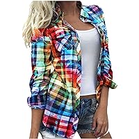 Women Button Down Lapel Color Plaid Casual Shirts Fashion Dressy Long Sleeve Streetwear Coat Blouses with Pockets