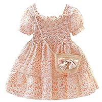 ACSUSS Baby Toddler Girls Floral Dress Smocked Ruffle Square Neck Dress with Straw Shoulder Bag Casual Activity Wedding