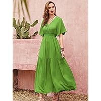TLULY Dress for Women Solid Contrast Lace Ruffle Hem -line Dress (Color : Green, Size : Small)