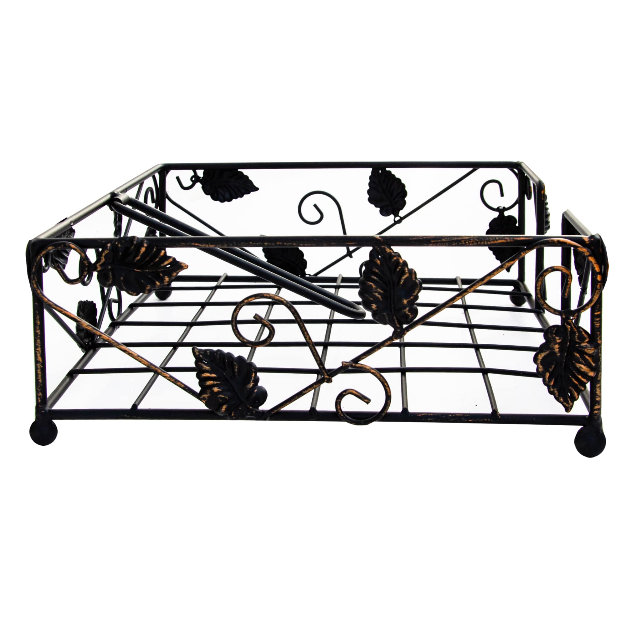Iron Rustic Napkin Holder for Table – Flat Napkin Holder with Secure Pivoting Arm for Kitchen Tissue – Home Decor Black Napkin Holder with Bronze Leaves – Indoor and Outdoor Kitchen Decor by Maypes