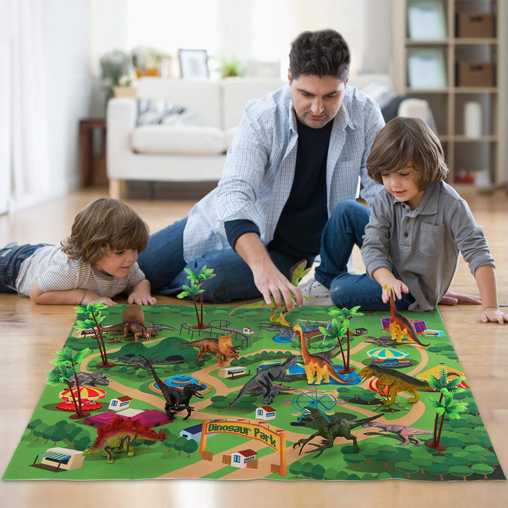 Dinosaur Toys Set with 9 Realistic Dino Action Figures, Activity Play Mat & Trees, Educational Toy to Create a Dino World Included T-Rex, Triceratops, Velociraptor, Great Gift for Kids 3 4 5 6 7 Years