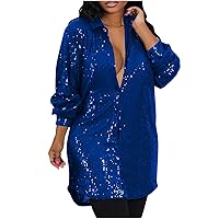 Women's Glitter Sequin Oversized Button Down Shirt Dress Long Sleeve Lapel Concert Party Clubwear Trendy Mini Dress