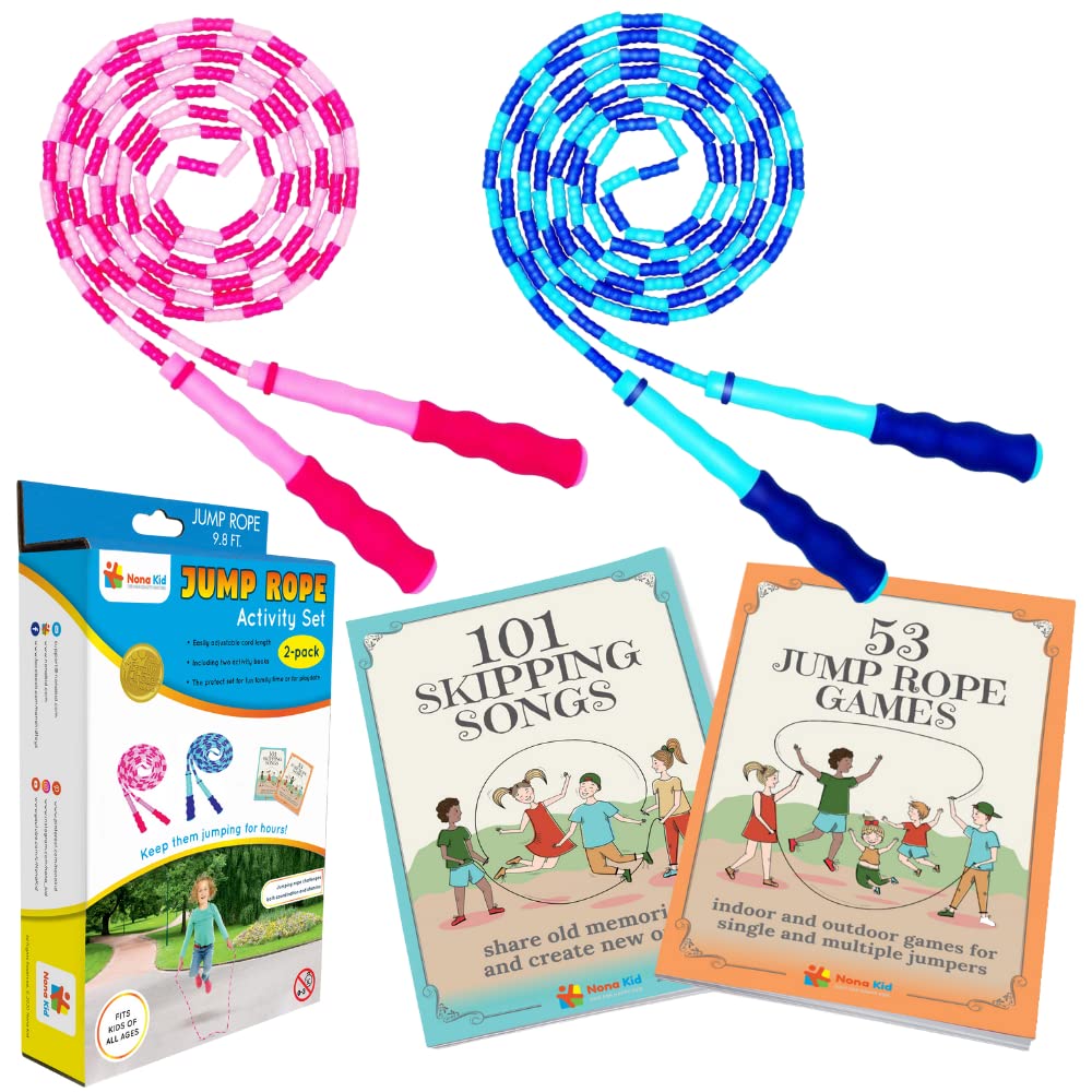 2 Pack Jump Rope for Kids - Easily Adjustable with Anti-Slip Handles, Plus 2 Activity Books